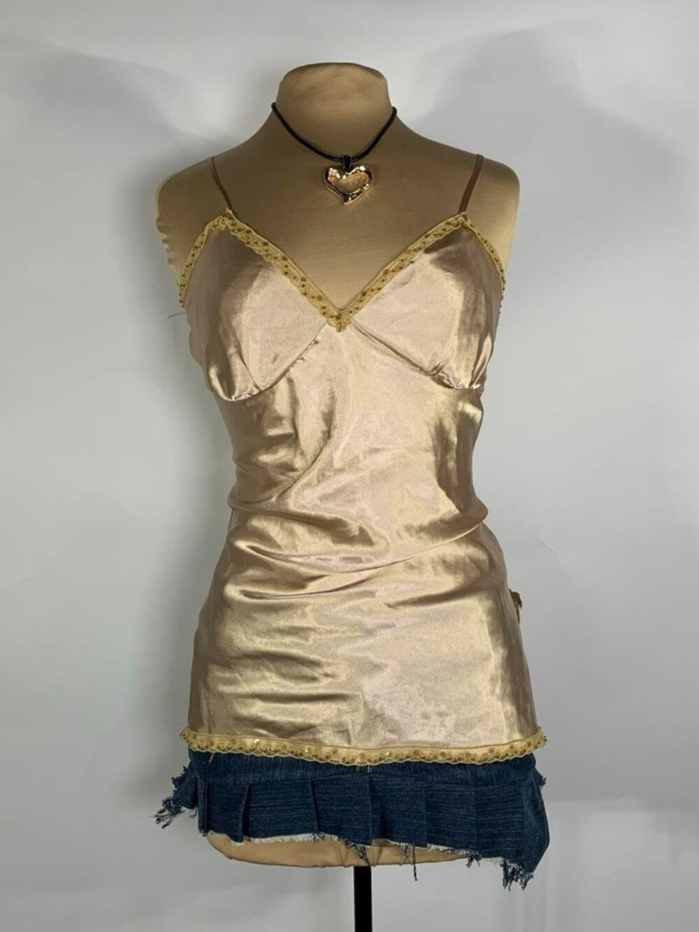 Y2k Xhilaration Cami M Babydoll Gold Satin Lace Trim Beaded Fairy Whimsigoth